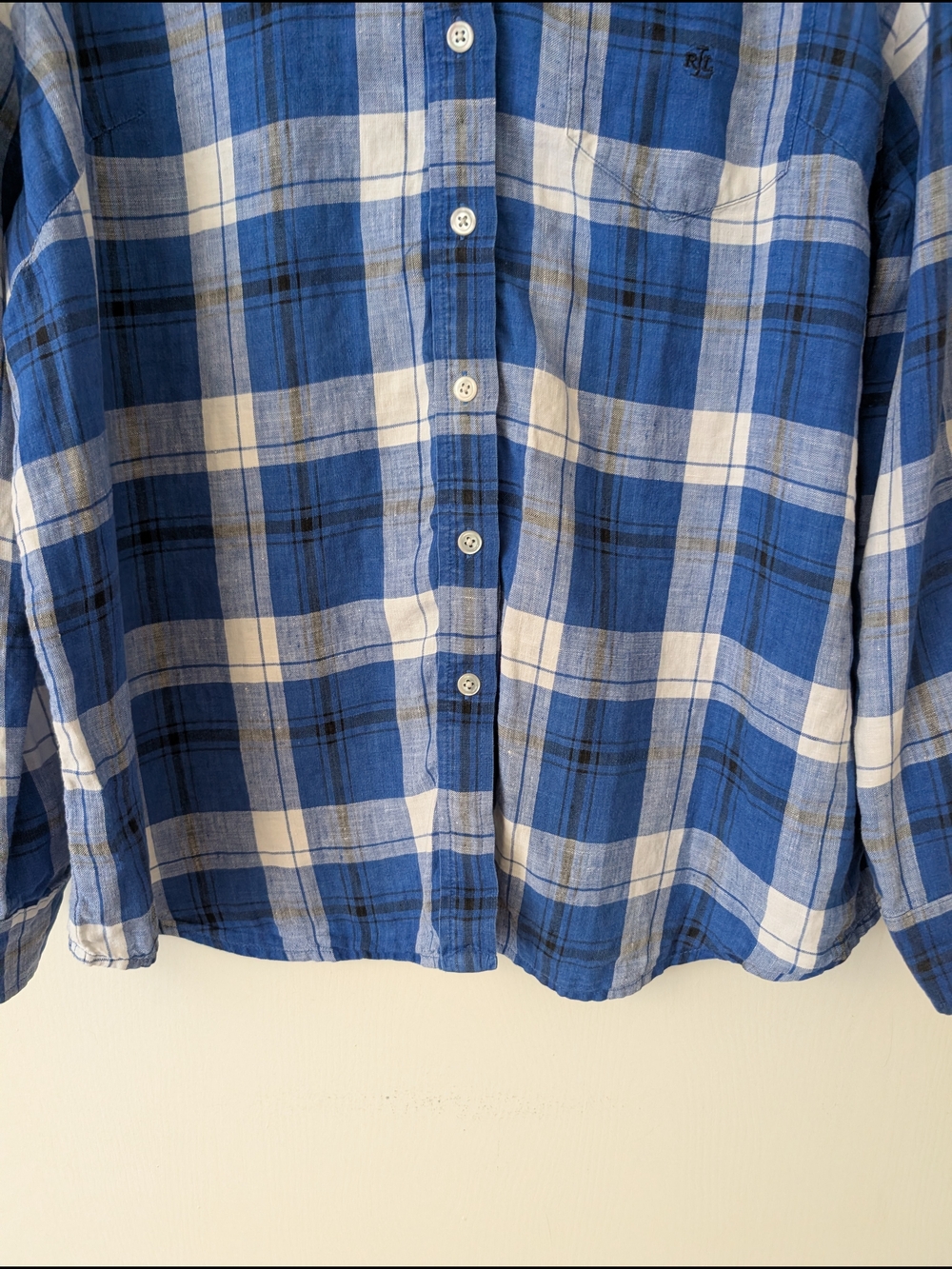 Ralph Lauren Womens 1X Long Sleeve Button Down 100% Linen Blue Plaid Shirt - Picture 2 of 8